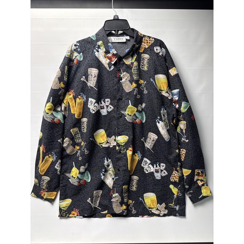 Vibes Mens Long Sleeve L Hawaiian Cocktail Themes Shirt Polyester Zombie Martini